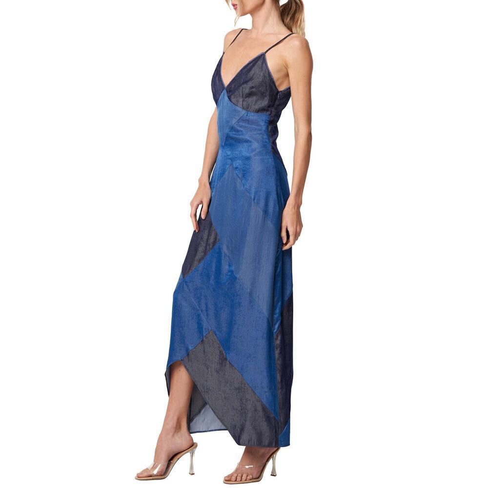 CIEBON Derica Patchwork Slip Dress Blue Satin Maxi Midi V-Neck Slipdress - Picture 3 of 14